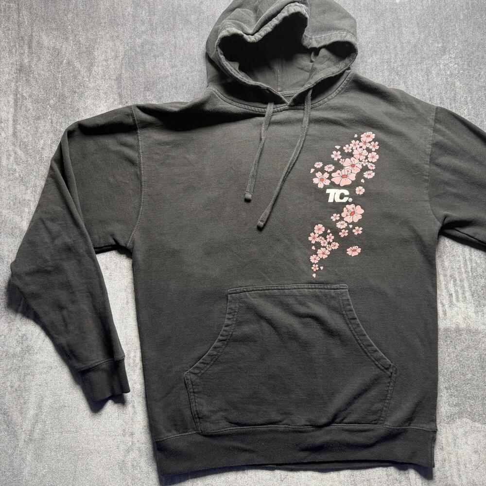 TC Hoodie Mens Large Gray Pullover Fleece Graphic Sweatshirt Cherry Blossom